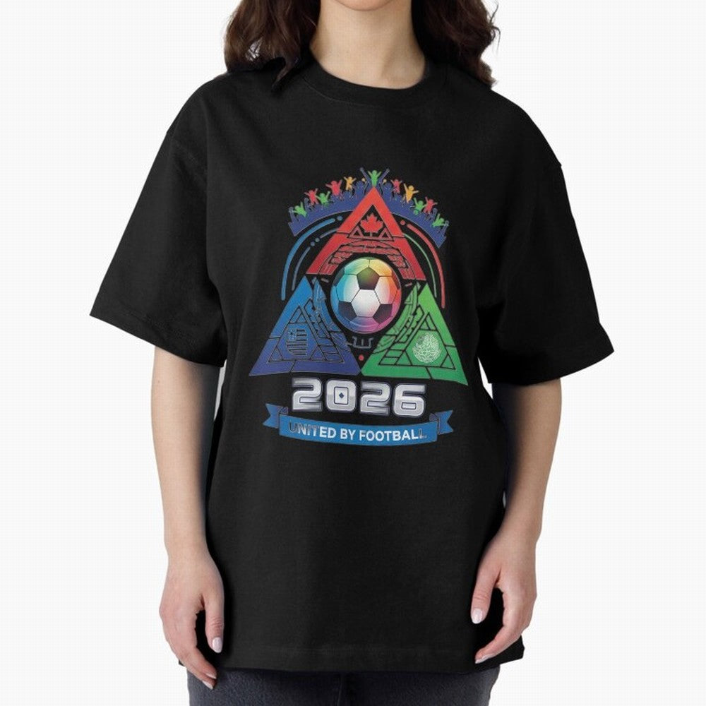 Triangular United By Football World Cup 2026 Emblem Oversized T-Shirt Relive the FIFA World Cup 2026 Journey through Haaland and Mbappe Highlights, Argentina Pride, Worldwide Fan Energy, Dramatic Goals, Stadium Lights and Championship Celebrations;