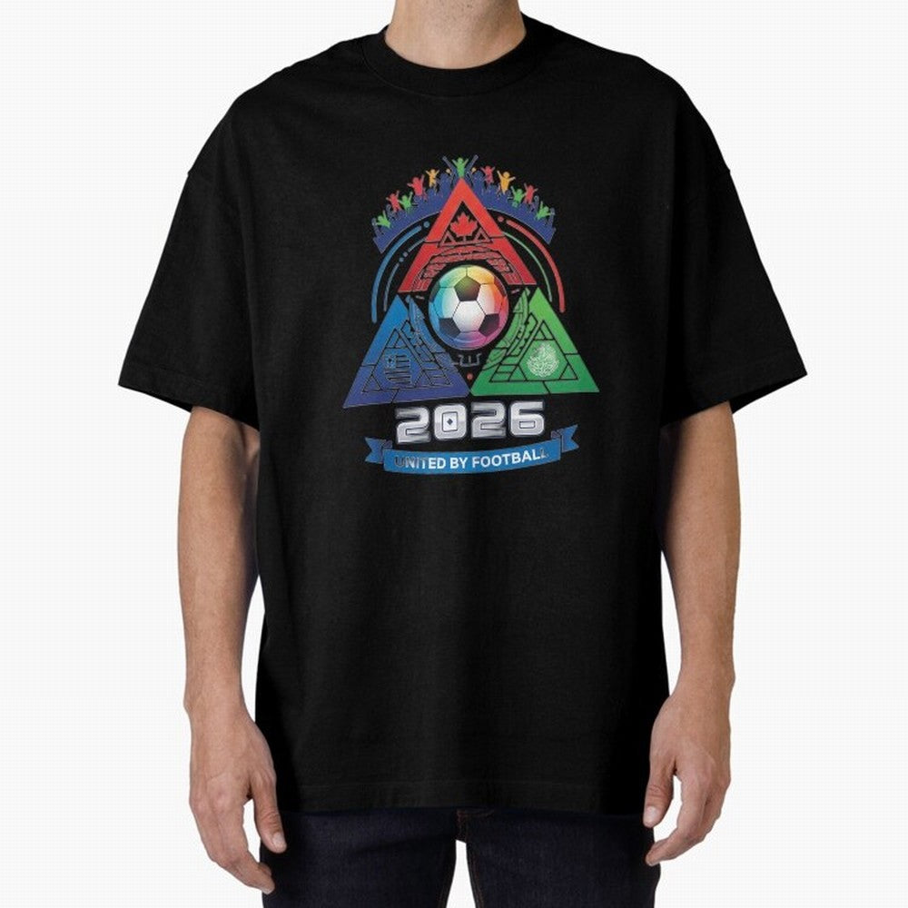 Triangular United By Football World Cup 2026 Emblem Oversized T-Shirt Relive the FIFA World Cup 2026 Journey through Haaland and Mbappe Highlights, Argentina Pride, Worldwide Fan Energy, Dramatic Goals, Stadium Lights and Championship Celebrations;
