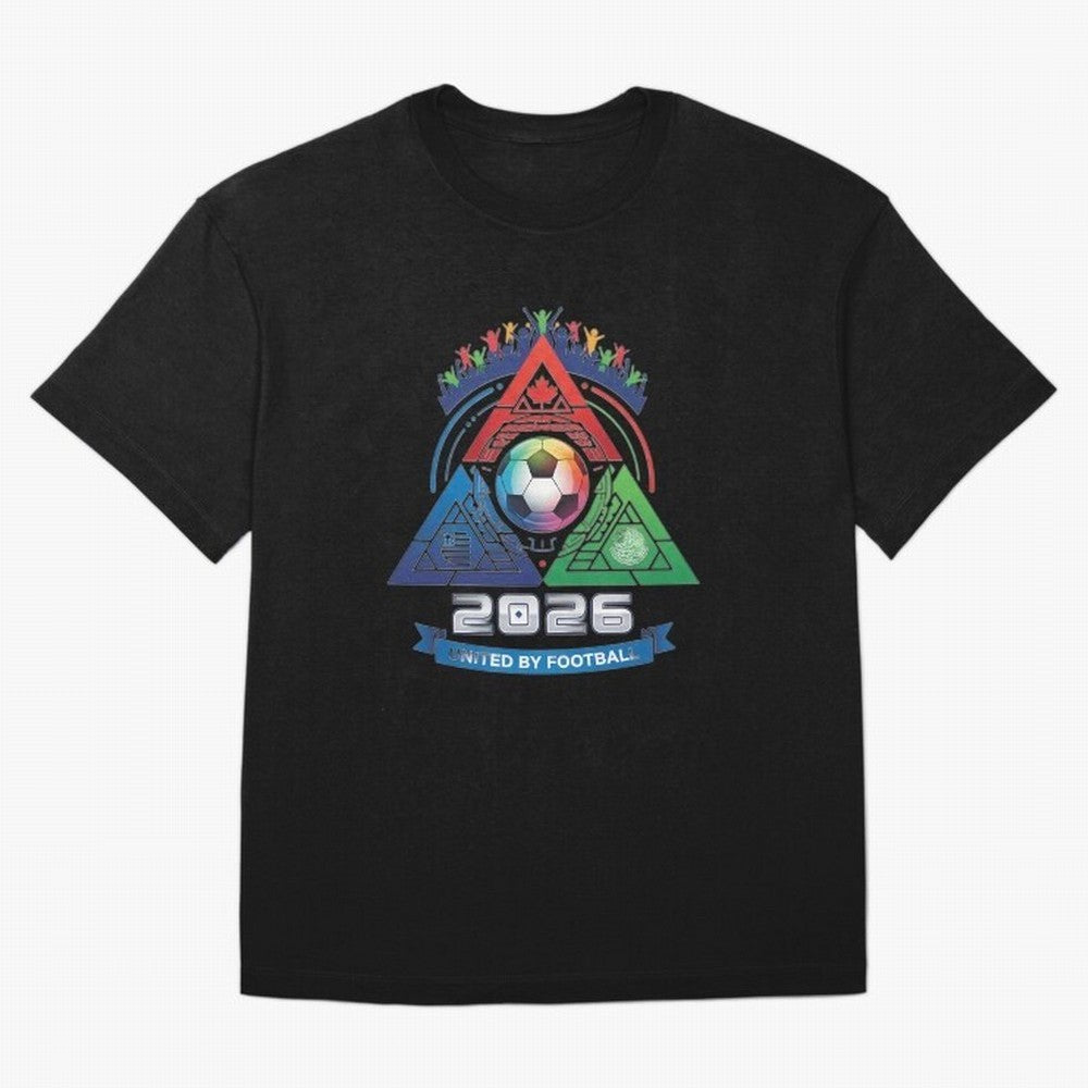 Triangular United By Football World Cup 2026 Emblem Oversized T-Shirt Relive the FIFA World Cup 2026 Journey through Haaland and Mbappe Highlights, Argentina Pride, Worldwide Fan Energy, Dramatic Goals, Stadium Lights and Championship Celebrations;