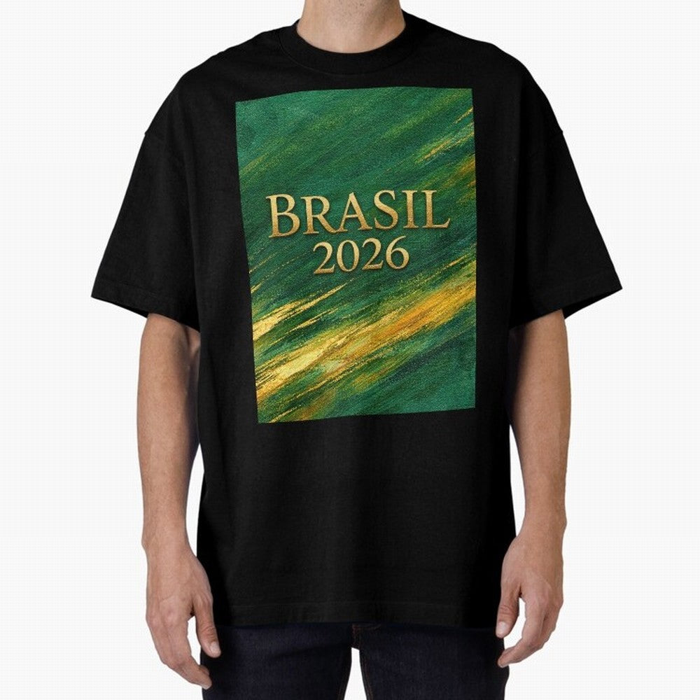 Brasil 2026 Gold Soccer Theme Oversized T-Shirt Turn Up for Global Football Passion for FIFA World Cup 2026 USA Canada Mexico, Inspired by Messi and Cristiano Ronaldo, Brazil, Portugal and Argentina, Football Festival Excitement, Trophy Ambitions,