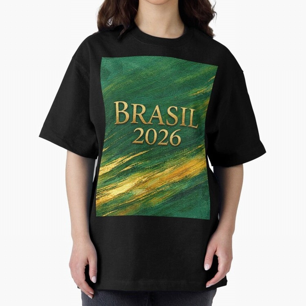 Brasil 2026 Gold Soccer Theme Oversized T-Shirt Turn Up for Global Football Passion for FIFA World Cup 2026 USA Canada Mexico, Inspired by Messi and Cristiano Ronaldo, Brazil, Portugal and Argentina, Football Festival Excitement, Trophy Ambitions,