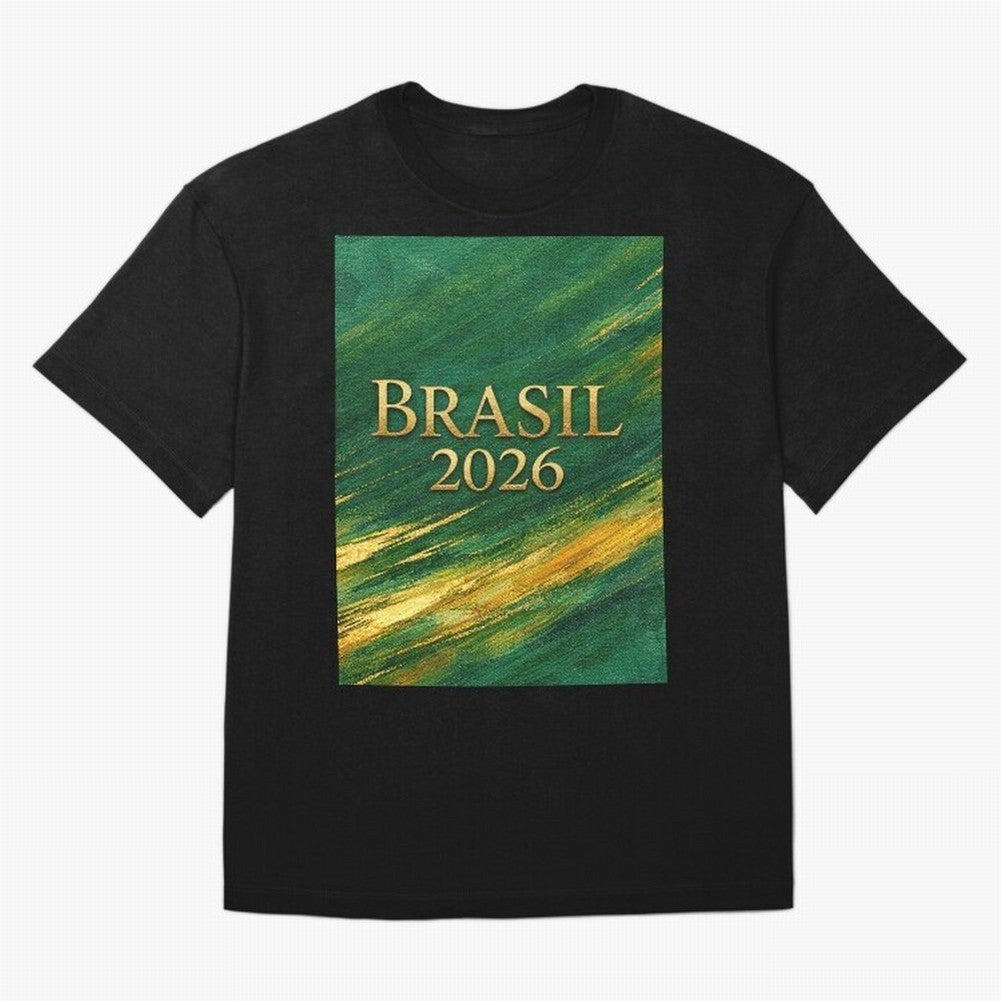 Brasil 2026 Gold Soccer Theme Oversized T-Shirt Turn Up for Global Football Passion for FIFA World Cup 2026 USA Canada Mexico, Inspired by Messi and Cristiano Ronaldo, Brazil, Portugal and Argentina, Football Festival Excitement, Trophy Ambitions,