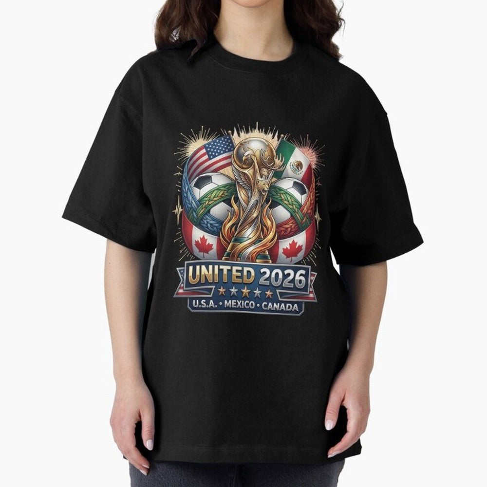 United 2026 Soccer Nations Trophy - USA Mexico Canada Mascot Art Oversized T-Shirt Turn Football Passion into FIFA World Cup 2026 USA Canada Mexico Spirit, Centered on Spain and Netherlands, Mbappe, Goal Celebration Energy, Supporter Heritage,