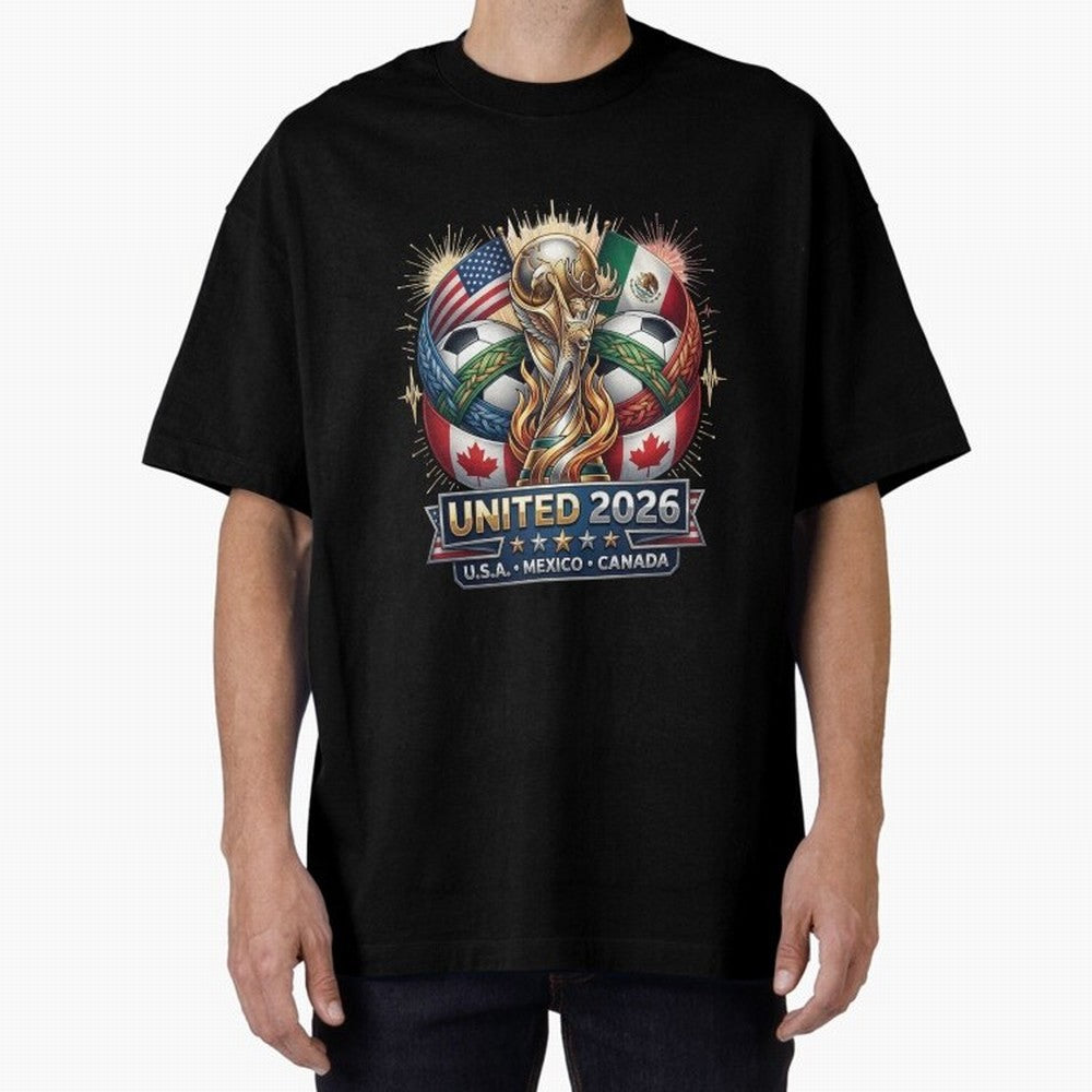 United 2026 Soccer Nations Trophy - USA Mexico Canada Mascot Art Oversized T-Shirt Turn Football Passion into FIFA World Cup 2026 USA Canada Mexico Spirit, Centered on Spain and Netherlands, Mbappe, Goal Celebration Energy, Supporter Heritage,