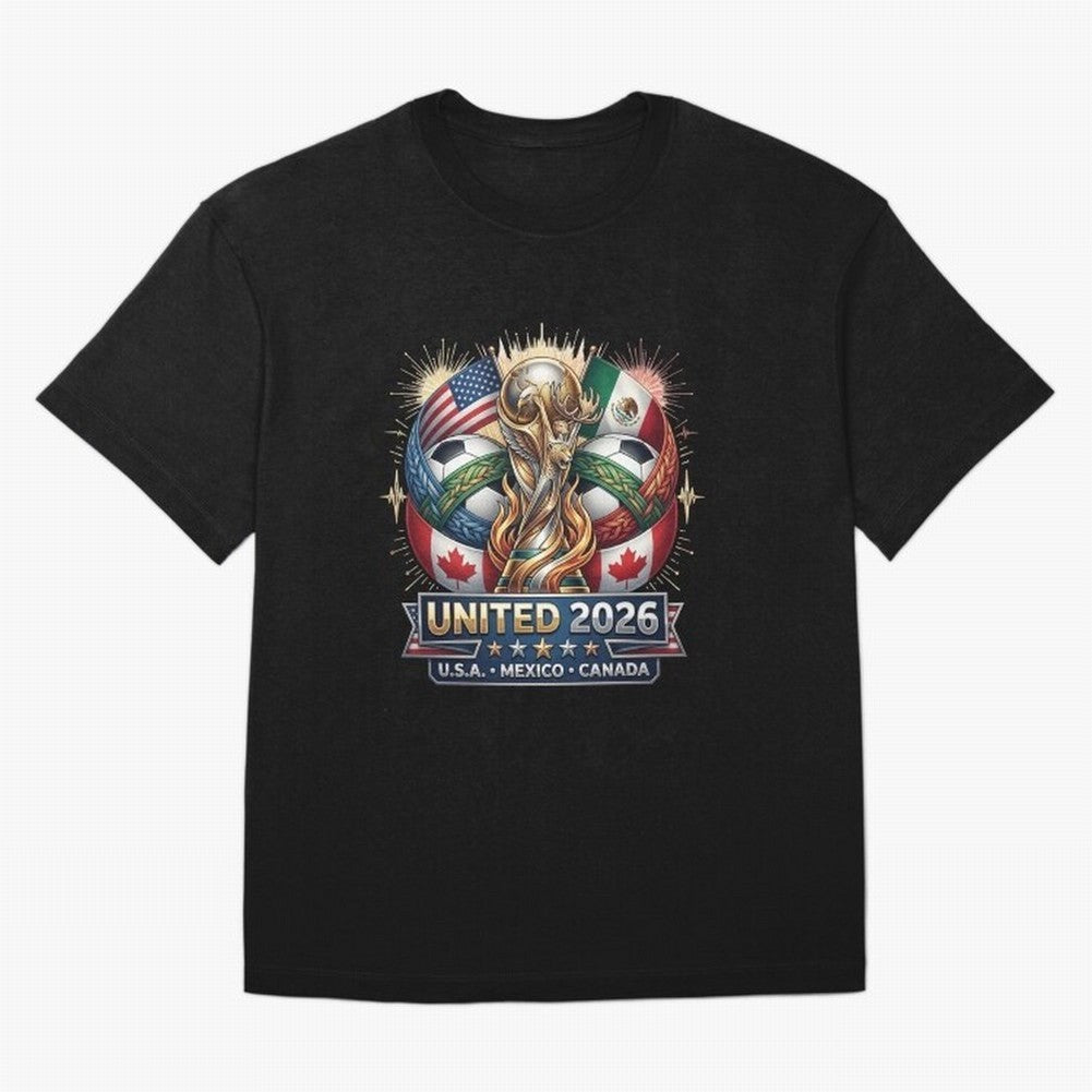 United 2026 Soccer Nations Trophy - USA Mexico Canada Mascot Art Oversized T-Shirt Turn Football Passion into FIFA World Cup 2026 USA Canada Mexico Spirit, Centered on Spain and Netherlands, Mbappe, Goal Celebration Energy, Supporter Heritage,