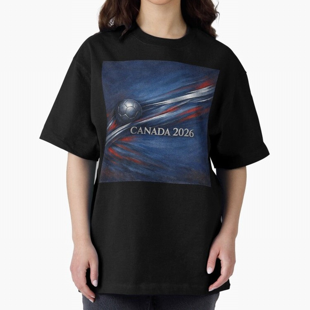 Canada 2026 Soccer Theme with silver lines Oversized T-Shirt Relive Match Day Hype around FIFA World Cup 2026, Cristiano Ronaldo, Argentina, France and Brazil, Stadium Memories, Football Loyalty, International Chants and Championship Tradition;