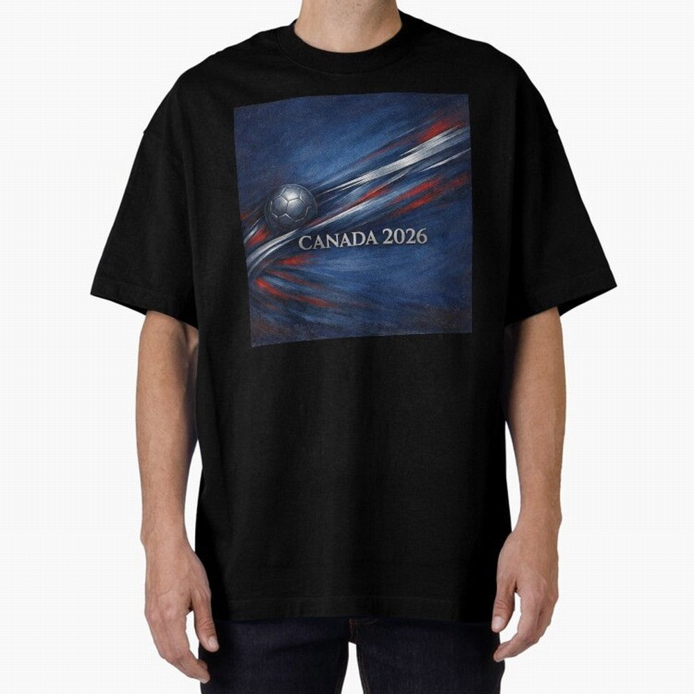 Canada 2026 Soccer Theme with silver lines Oversized T-Shirt Relive Match Day Hype around FIFA World Cup 2026, Cristiano Ronaldo, Argentina, France and Brazil, Stadium Memories, Football Loyalty, International Chants and Championship Tradition;