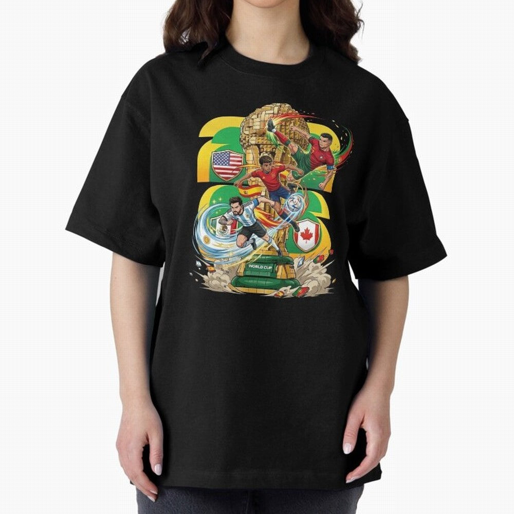 World Cup Teams 2026 Oversized T-Shirt Bring Retro Soccer Energy to FIFA World Cup 2026 Spirit, Highlighting Spain, CR7, Stadium Chants, National Pride, Trophy Dreams and Unforgettable Football Memories; Made for Collectors Who Enjoy Iconic