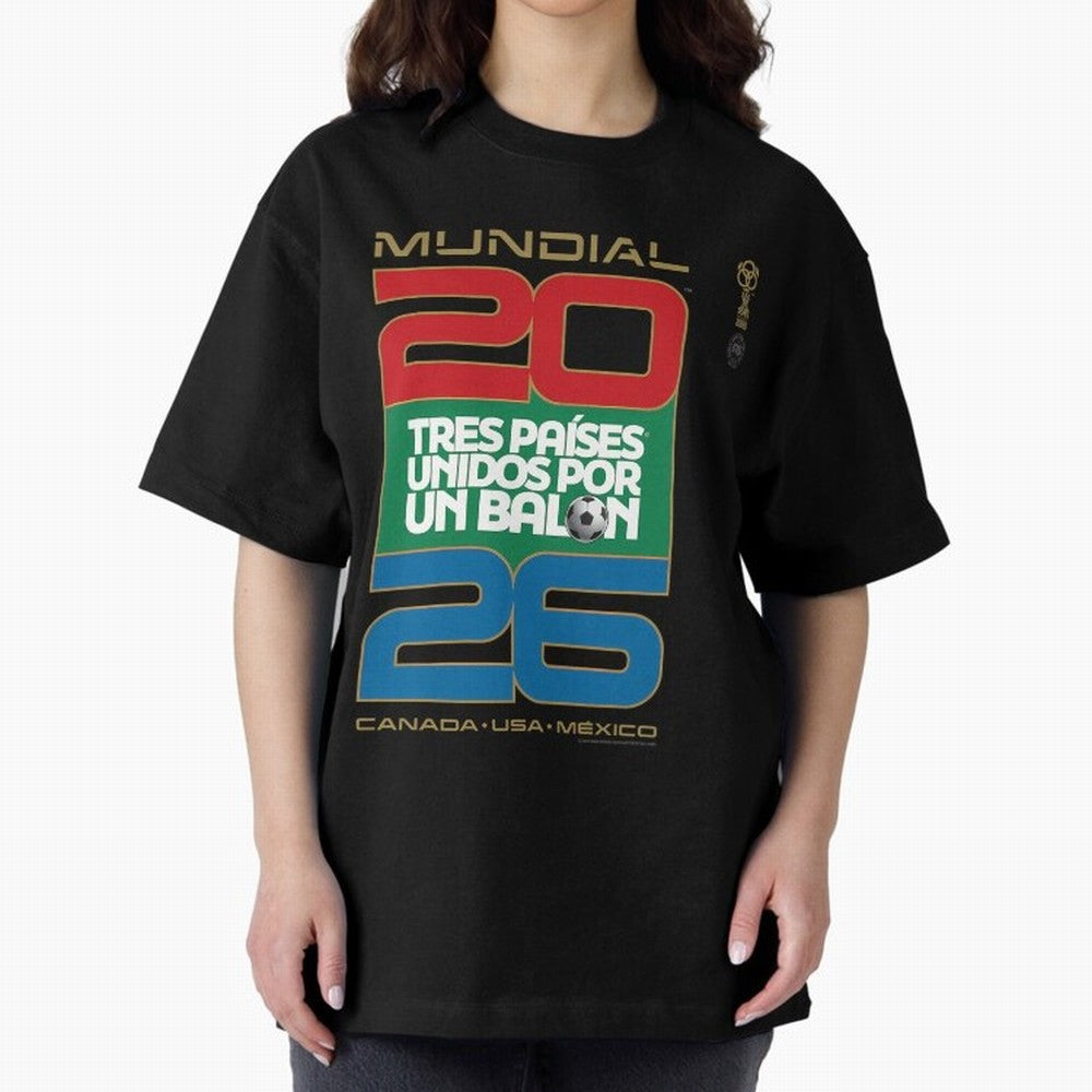 Mundial 26 Three Nations United By A Soccer Ball. Unidos Por Un Baln - World Cup Oversized T-Shirt Support FIFA World Cup 2026 Group Stage Highlighting Haaland, Brazil Energy, Game Day Rituals, Football Legends, Country Pride and the Road to the