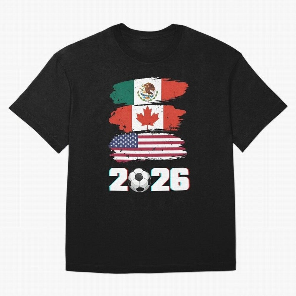 USA Canada Mexico Flag 2026 Cup Brush Art Oversized T-Shirt Join the Countdown to Global Football Passion for FIFA World Cup 2026 Group Stage, with Messi and Cristiano Ronaldo, England, Stadium Chants, National Pride, Trophy Dreams and