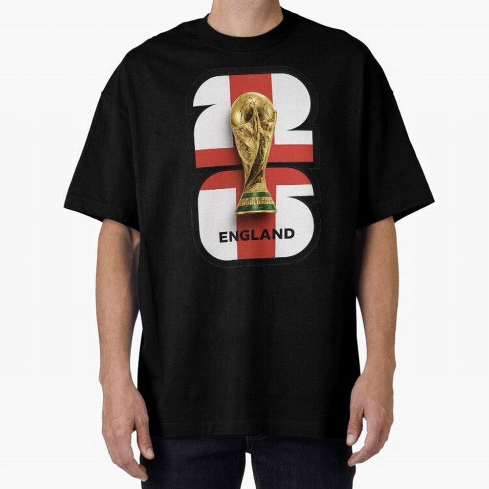 England Football World Cup 2026 - Three Lions Gold Trophy Edition Oversized T-Shirt Bring Trophy Dreams to the FIFA World Cup 2026 USA Canada Mexico Journey through Cristiano Ronaldo Highlights, France and Portugal Pride, Worldwide Fan Energy,
