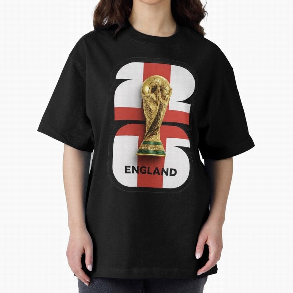 England Football World Cup 2026 - Three Lions Gold Trophy Edition Oversized T-Shirt Bring Trophy Dreams to the FIFA World Cup 2026 USA Canada Mexico Journey through Cristiano Ronaldo Highlights, France and Portugal Pride, Worldwide Fan Energy,