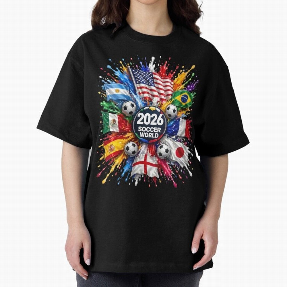 2026 Soccer World Flags USA Mexico Canada Football Paint Splash Graphic Oversized T-Shirt Discover FIFA World Cup 2026 Group Stage Featuring Mbappe and Neymar, Netherlands Energy, Match Day Excitement, Supporter Culture, Golden Goals and Global