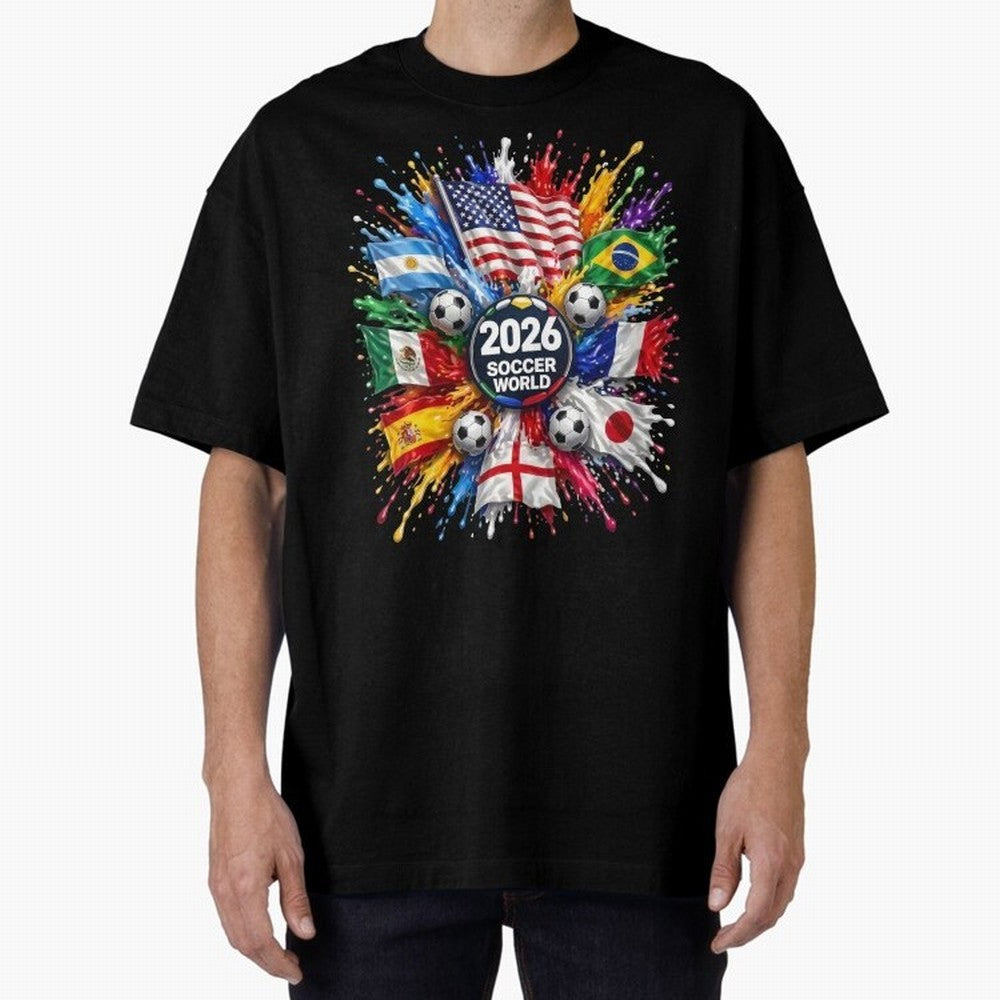 2026 Soccer World Flags USA Mexico Canada Football Paint Splash Graphic Oversized T-Shirt Discover FIFA World Cup 2026 Group Stage Featuring Mbappe and Neymar, Netherlands Energy, Match Day Excitement, Supporter Culture, Golden Goals and Global