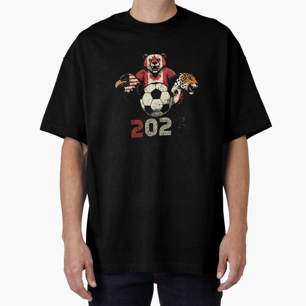 United 2026 Soccer Mascots North America Tournament T-Shirt_83157189 Oversized T-Shirt Share Global Football Passion for FIFA World Cup 2026 Group Stage, Celebrating Messi, Neymar and Mbappe, Spain and Netherlands, Soccer Culture, Superstar