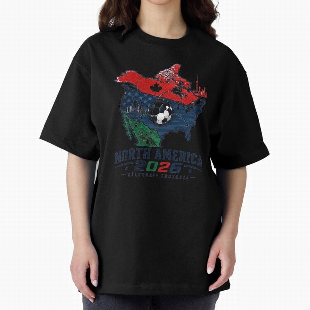 United by Football 2026 North America Soccer Design Oversized T-Shirt Show Up for the Glory of FIFA World Cup 2026 USA Canada Mexico for Fans of Cristiano Ronaldo and Spain, Bringing Championship Spirit, Famous Goals, Roaring Crowds and