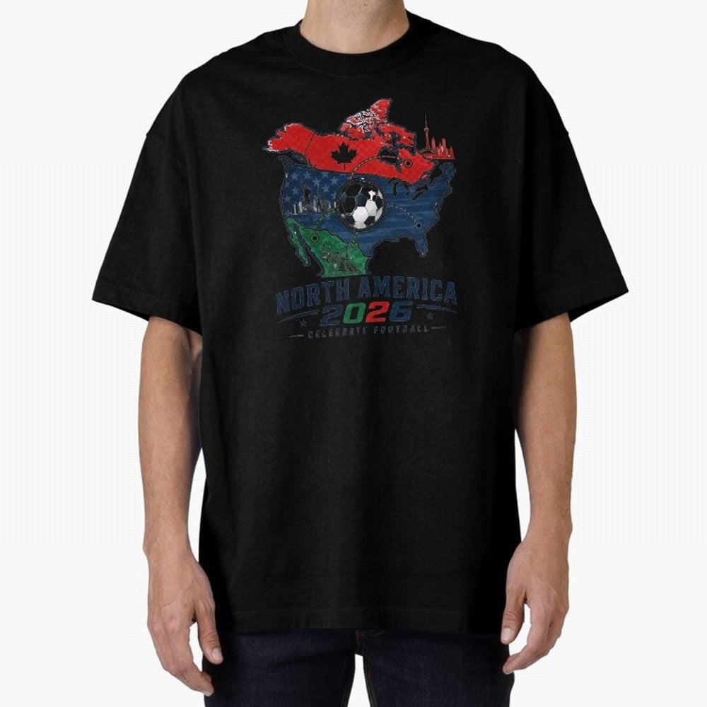 United by Football 2026 North America Soccer Design Oversized T-Shirt Show Up for the Glory of FIFA World Cup 2026 USA Canada Mexico for Fans of Cristiano Ronaldo and Spain, Bringing Championship Spirit, Famous Goals, Roaring Crowds and