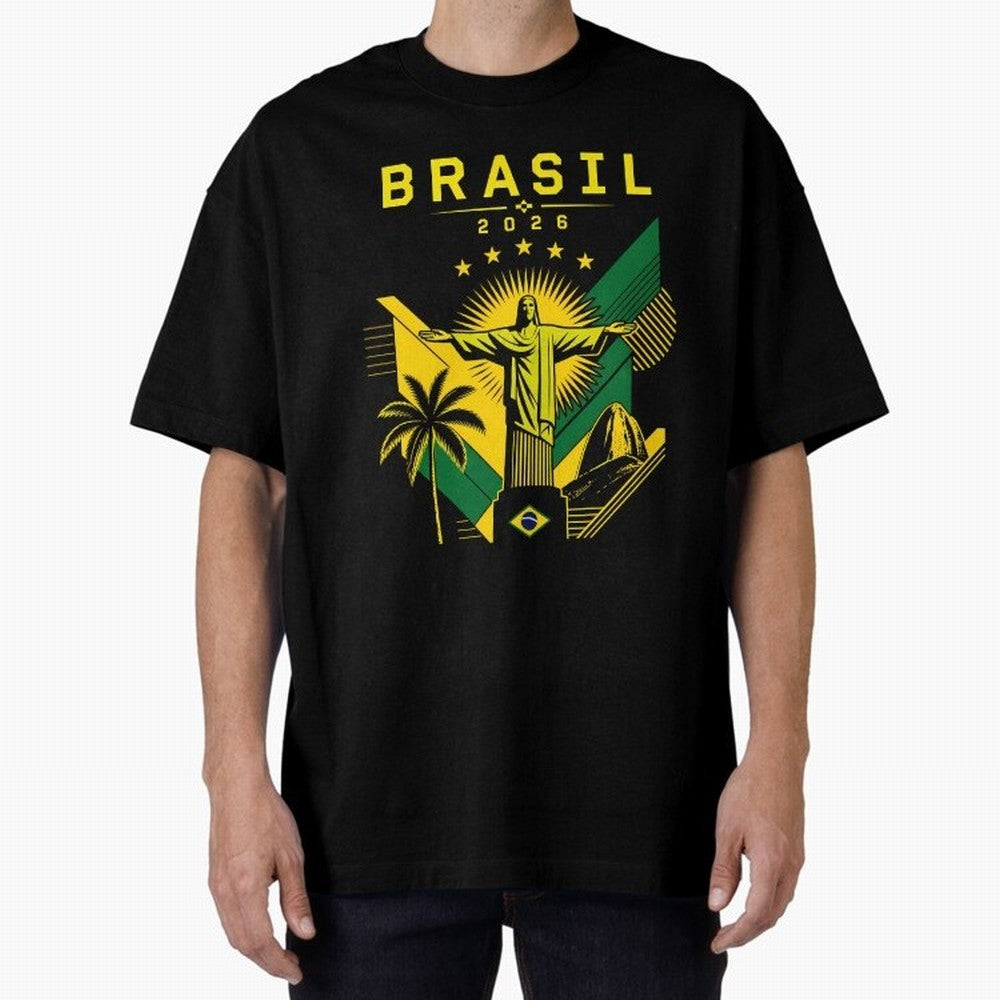 Brasil 2026 Christ the Redeemer Rio Oversized T-Shirt Celebrate the Magic of FIFA World Cup 2026 Group Stage Capturing Messi, Portugal, Spain and Germany Energy, Worldwide Fan Energy, Dramatic Goals, Stadium Lights and Championship Celebrations;