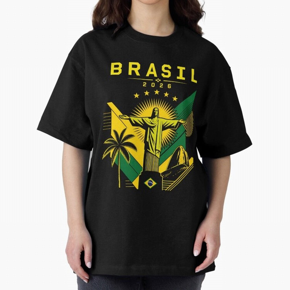 Brasil 2026 Christ the Redeemer Rio Oversized T-Shirt Celebrate the Magic of FIFA World Cup 2026 Group Stage Capturing Messi, Portugal, Spain and Germany Energy, Worldwide Fan Energy, Dramatic Goals, Stadium Lights and Championship Celebrations;