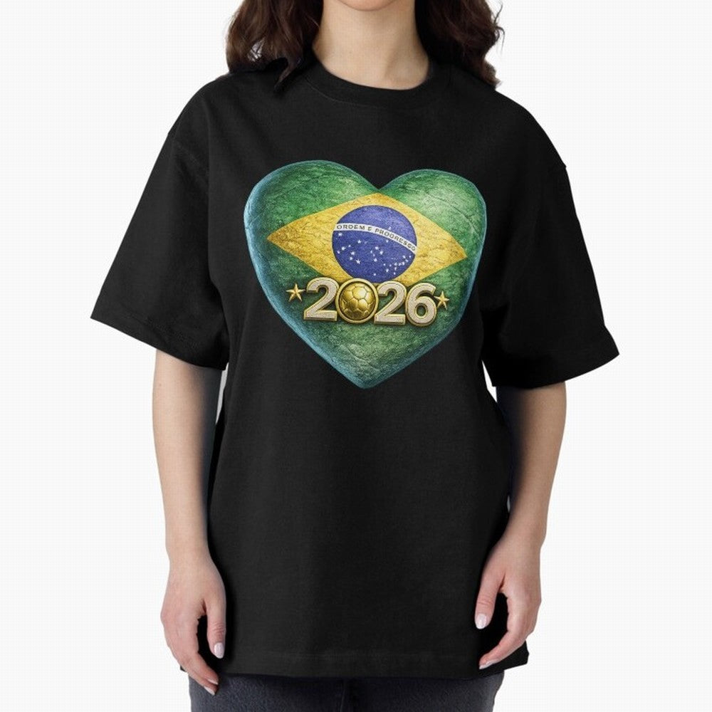 Brazil 2026 World Football Heart Flag Designs Oversized T-Shirt Enjoy FIFA World Cup 2026 USA Canada Mexico Spirit, Celebrating England and Germany, Haaland, Tournament Hype, Historic Matchups, Family Viewing Parties and Global Sports Pride; Great