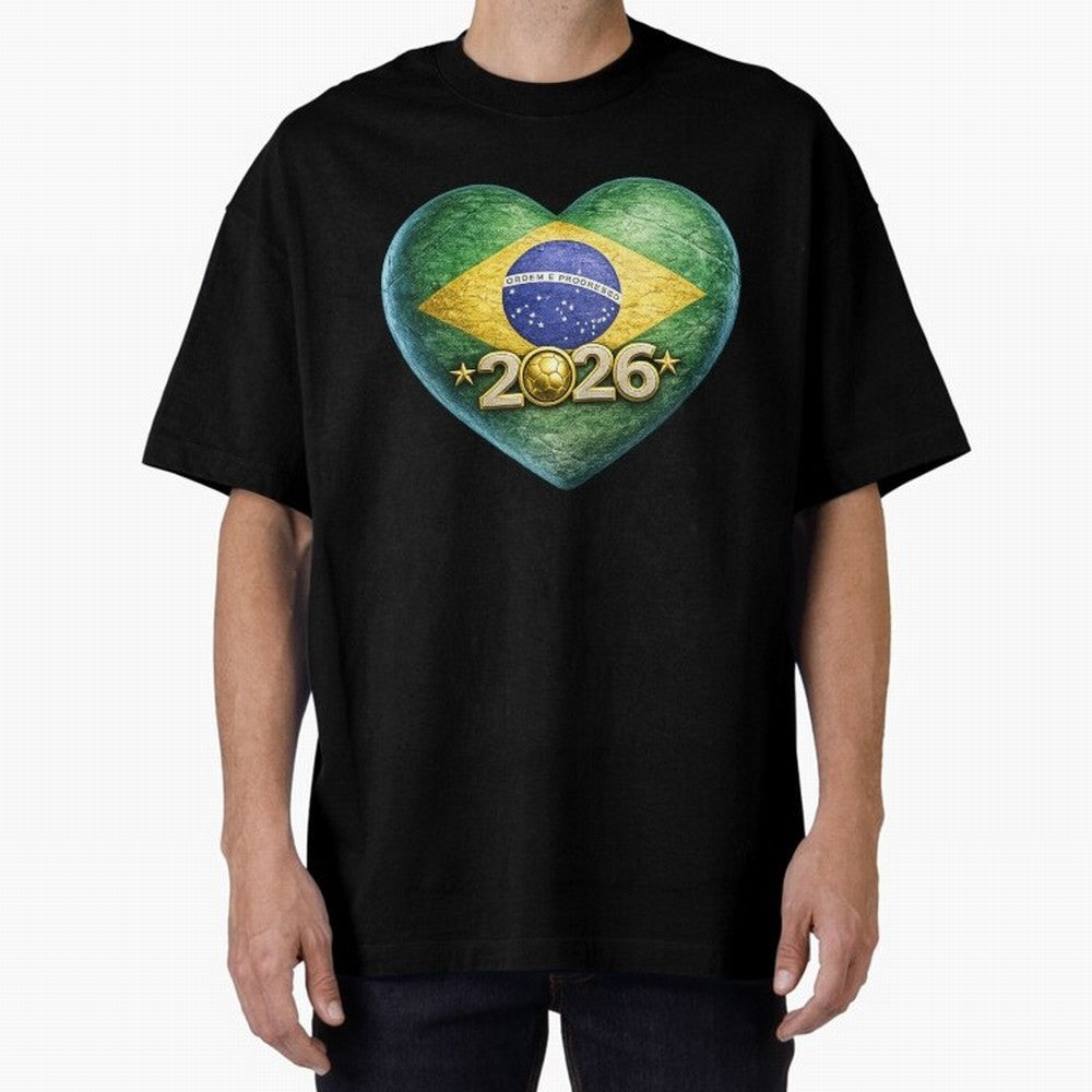 Brazil 2026 World Football Heart Flag Designs Oversized T-Shirt Enjoy FIFA World Cup 2026 USA Canada Mexico Spirit, Celebrating England and Germany, Haaland, Tournament Hype, Historic Matchups, Family Viewing Parties and Global Sports Pride; Great