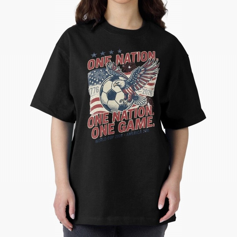 One Nation One Game World Cup 2026 Oversized T-Shirt Celebrate Unforgettable Nights in FIFA World Cup 2026 USA Canada Mexico Spirit, Filled with Spain and Netherlands, Messi, CR7 and Mbappe, Football History, Final Match Energy, Crowd Noise and