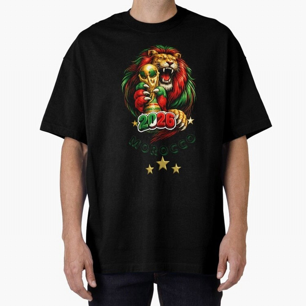 Moroccan Lion World Cup 2026 Design Oversized T-Shirt Feel the Heartbeat of FIFA World Cup 2026 Group Stage for Fans of Messi and Cristiano Ronaldo and England, France and Netherlands, Bringing Tournament Hype, Historic Matchups, Family Viewing