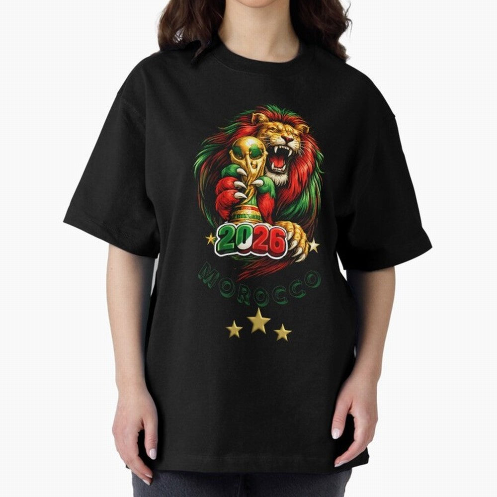 Moroccan Lion World Cup 2026 Design Oversized T-Shirt Feel the Heartbeat of FIFA World Cup 2026 Group Stage for Fans of Messi and Cristiano Ronaldo and England, France and Netherlands, Bringing Tournament Hype, Historic Matchups, Family Viewing