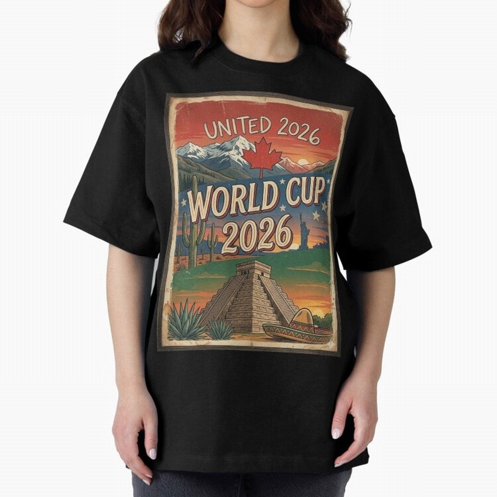 United 2026 World Cup ¨C Vintage North America Soccer Poster Oversized T-Shirt Live the Energy of FIFA World Cup 2026 Group Stage for Fans of Mbappe and Spain and Netherlands, Bringing Soccer Culture, Superstar Moments, National Team Dreams and