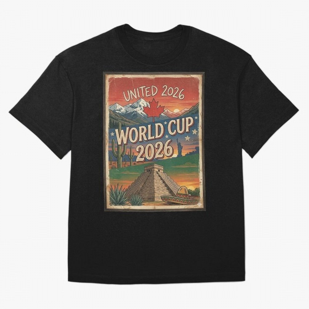 United 2026 World Cup ¨C Vintage North America Soccer Poster Oversized T-Shirt Live the Energy of FIFA World Cup 2026 Group Stage for Fans of Mbappe and Spain and Netherlands, Bringing Soccer Culture, Superstar Moments, National Team Dreams and