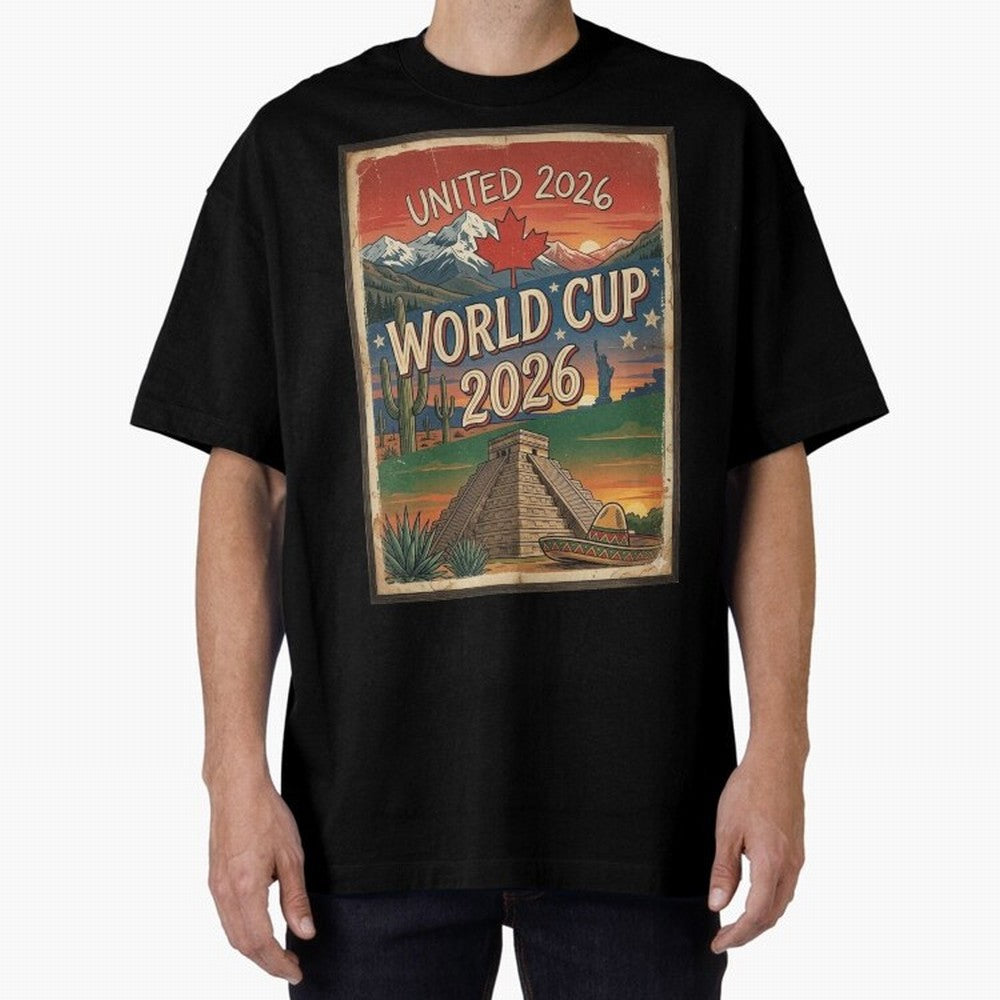 United 2026 World Cup ¨C Vintage North America Soccer Poster Oversized T-Shirt Live the Energy of FIFA World Cup 2026 Group Stage for Fans of Mbappe and Spain and Netherlands, Bringing Soccer Culture, Superstar Moments, National Team Dreams and