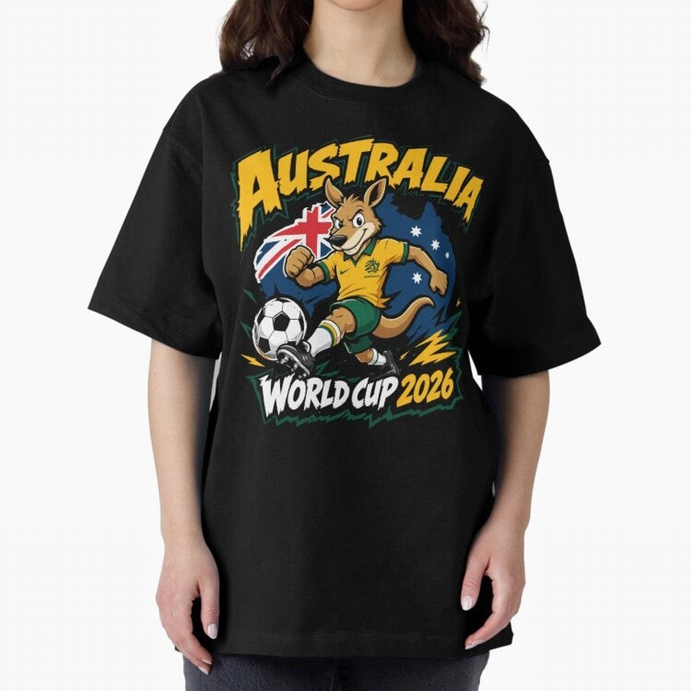 Australia World Cup 2026 Kangaroo Soccer Fan Art Oversized T-Shirt Join FIFA World Cup 2026 Group Stage for Fans of CR7 and Portugal, Spain and Germany, Bringing Retro Football Energy, Iconic Rivalries, Trophy Chase Drama and Stadium Atmosphere;