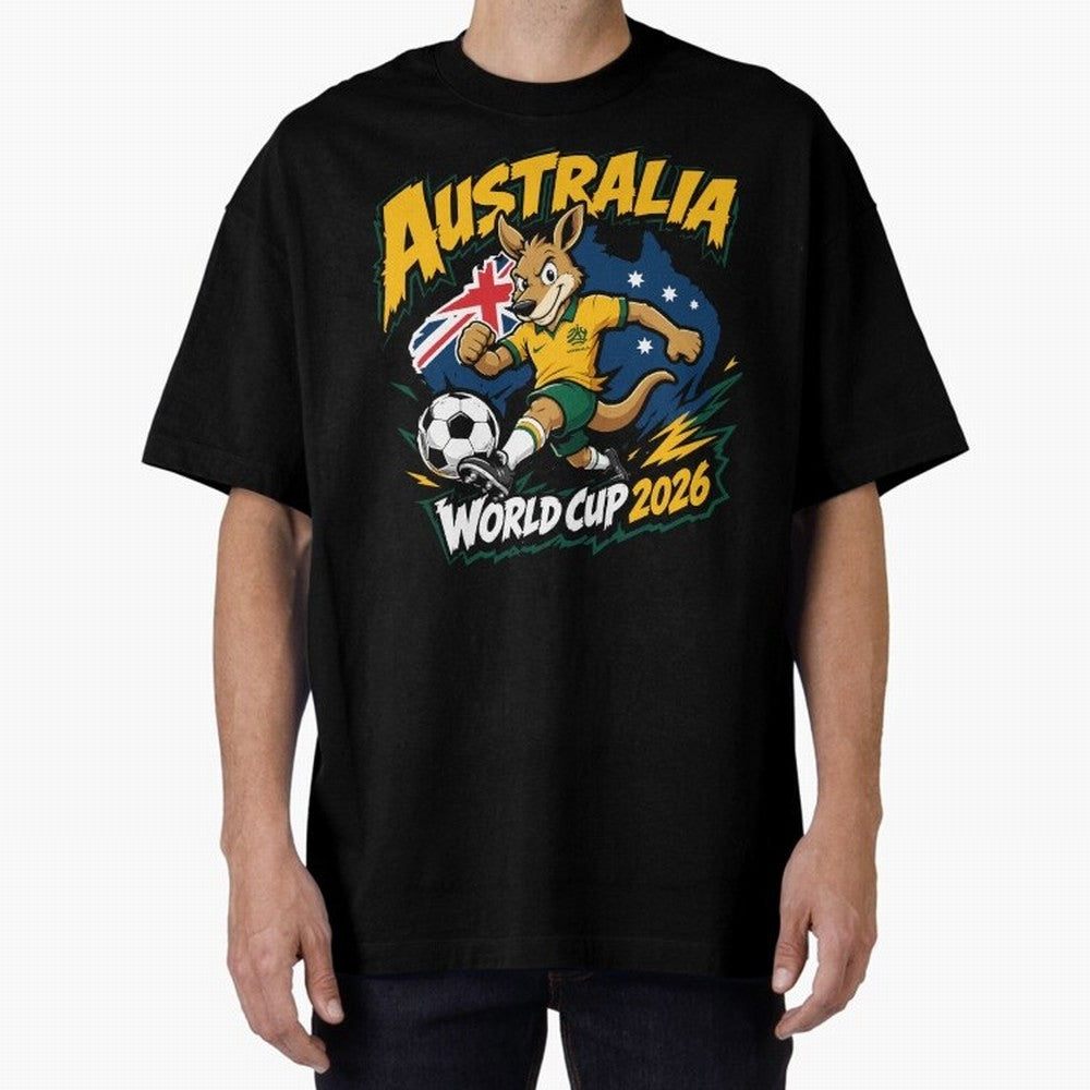 Australia World Cup 2026 Kangaroo Soccer Fan Art Oversized T-Shirt Join FIFA World Cup 2026 Group Stage for Fans of CR7 and Portugal, Spain and Germany, Bringing Retro Football Energy, Iconic Rivalries, Trophy Chase Drama and Stadium Atmosphere;