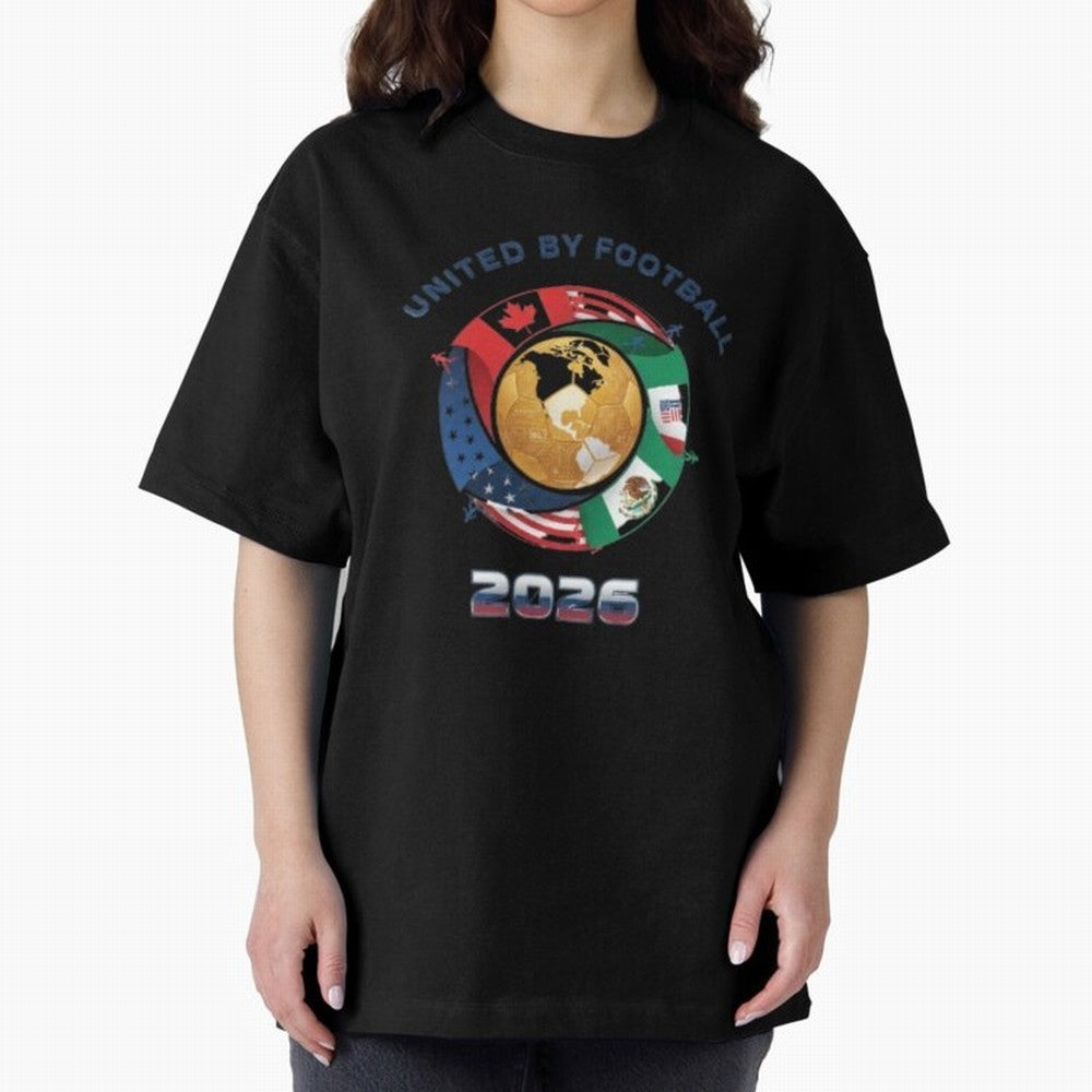 United By Football 2026 Logo Oversized T-Shirt Bring Trophy Dreams to Global Football Passion for FIFA World Cup 2026 Group Stage, Featuring Haaland and Mbappe, Argentina, France and Brazil, Worldwide Fan Energy, Dramatic Goals, Stadium Lights and