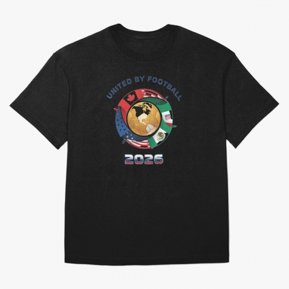 United By Football 2026 Logo Oversized T-Shirt Bring Trophy Dreams to Global Football Passion for FIFA World Cup 2026 Group Stage, Featuring Haaland and Mbappe, Argentina, France and Brazil, Worldwide Fan Energy, Dramatic Goals, Stadium Lights and
