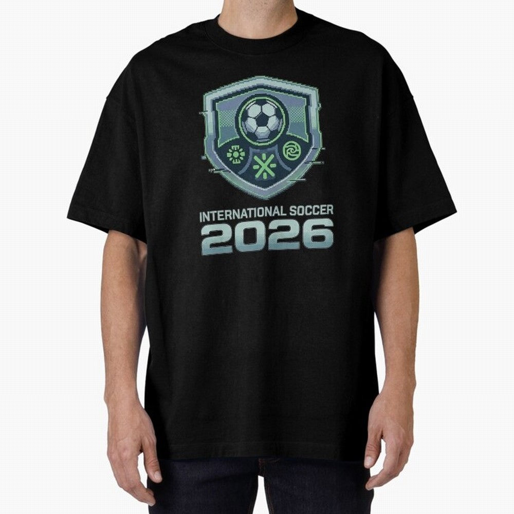 International Soccer 2026 Retro Pixel Glitch Crest Oversized T-Shirt Unlock FIFA World Cup 2026 Group Stage for Fans of Neymar, Haaland and Cristiano Ronaldo and England and Germany, Bringing Football History, Final Match Energy, Crowd Noise and