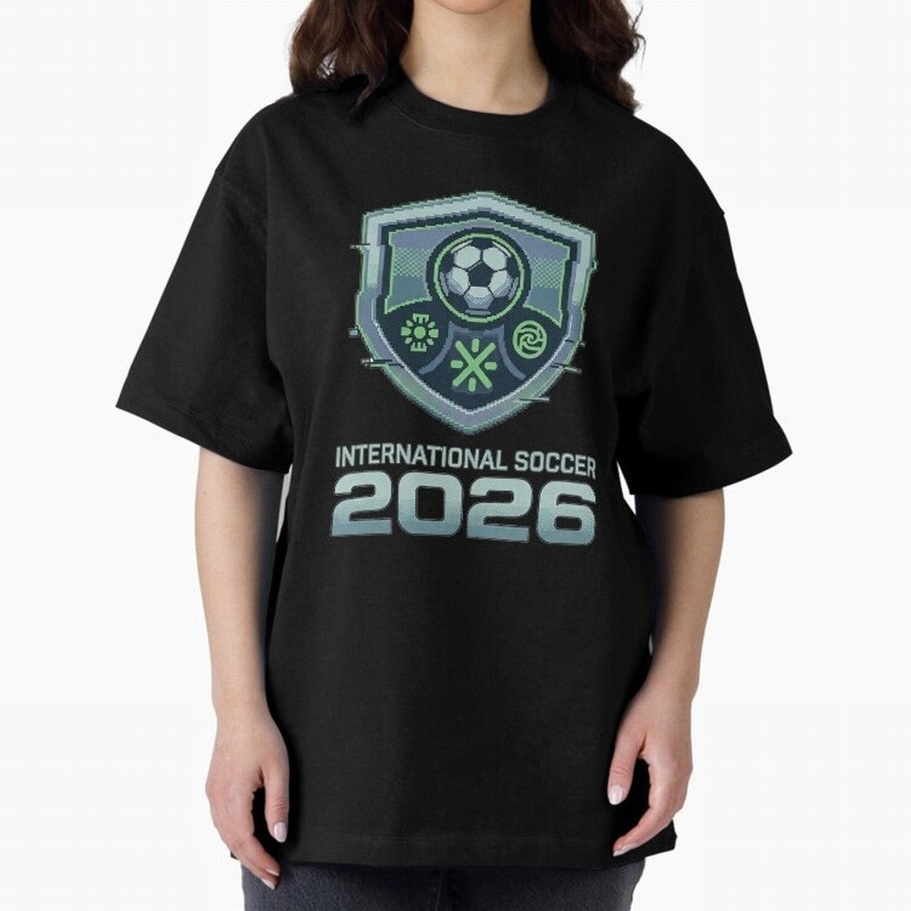 International Soccer 2026 Retro Pixel Glitch Crest Oversized T-Shirt Unlock FIFA World Cup 2026 Group Stage for Fans of Neymar, Haaland and Cristiano Ronaldo and England and Germany, Bringing Football History, Final Match Energy, Crowd Noise and
