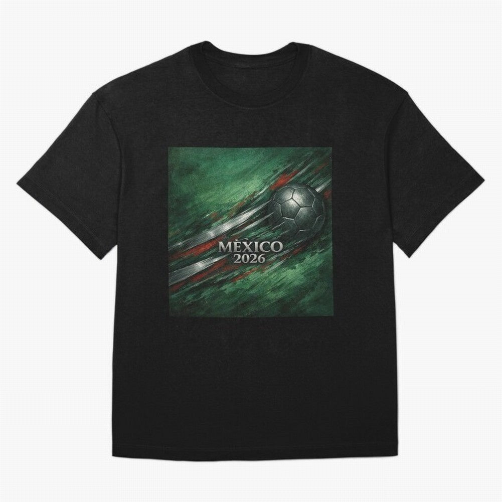 Mexico 2026 Football with Metallic Silver Line Oversized T-Shirt Remember FIFA World Cup 2026 USA Canada Mexico for Fans of Messi, CR7 and Mbappe and Argentina and Brazil, Bringing Vintage Soccer Flavor, Modern Football Stars, National Flags and