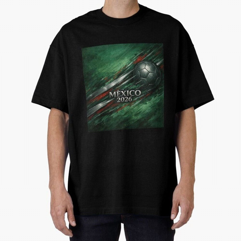 Mexico 2026 Football with Metallic Silver Line Oversized T-Shirt Remember FIFA World Cup 2026 USA Canada Mexico for Fans of Messi, CR7 and Mbappe and Argentina and Brazil, Bringing Vintage Soccer Flavor, Modern Football Stars, National Flags and