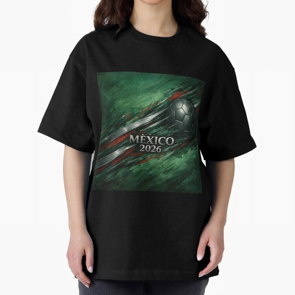 Mexico 2026 Football with Metallic Silver Line Oversized T-Shirt Remember FIFA World Cup 2026 USA Canada Mexico for Fans of Messi, CR7 and Mbappe and Argentina and Brazil, Bringing Vintage Soccer Flavor, Modern Football Stars, National Flags and