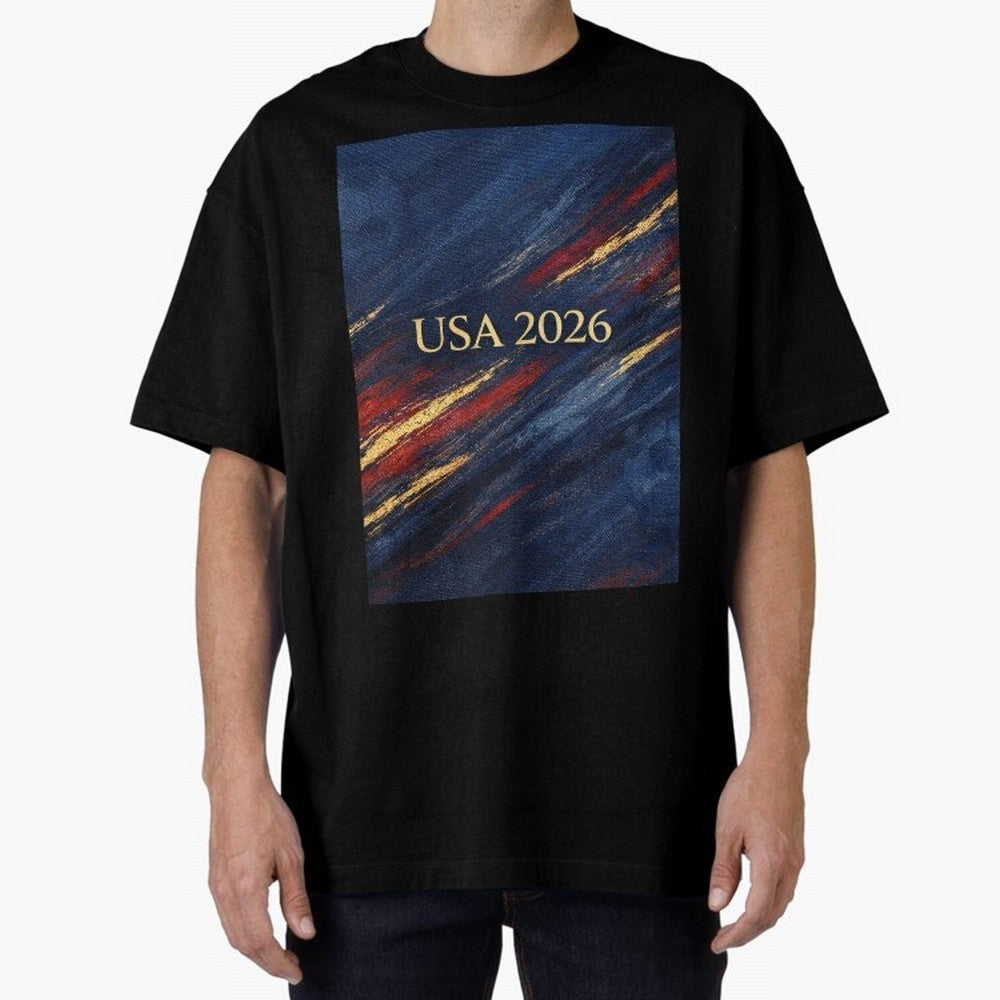 Elevated USA 2026 Soccer Oversized T-Shirt Represent FIFA World Cup 2026 Spirit, Inspired by Spain, Mbappe and Neymar, Match Day Excitement, Supporter Culture, Golden Goals and Global Football Passion; Built for Supporters Chasing Trophy Dreams,