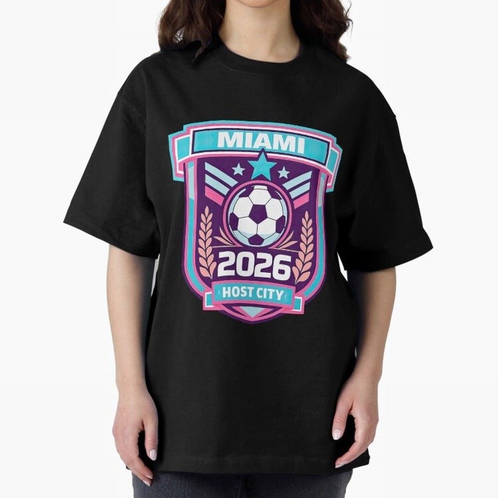 Miami 2026 Host City Emblem Welcoming the World Cup Oversized T-Shirt Follow Every Goal of FIFA World Cup 2026 USA Canada Mexico for Fans of CR7 and England, France and Netherlands, Bringing Championship Spirit, Famous Goals, Roaring Crowds and