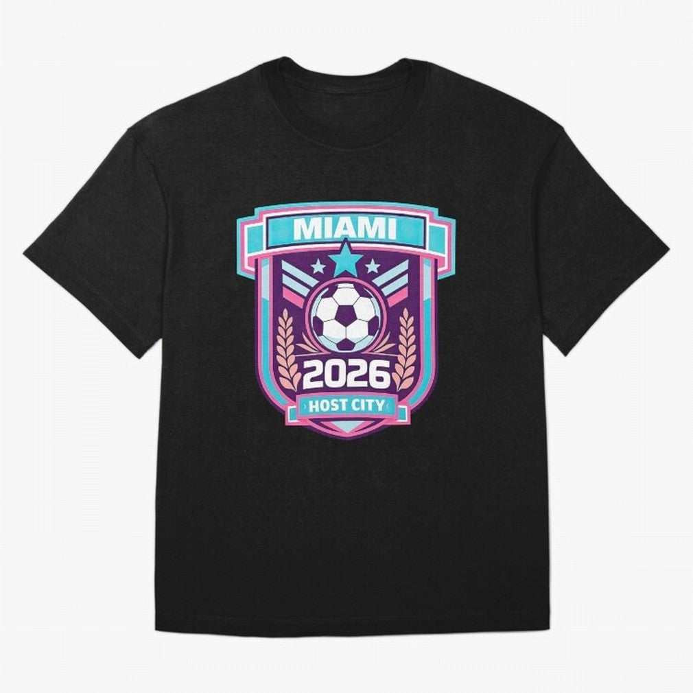 Miami 2026 Host City Emblem Welcoming the World Cup Oversized T-Shirt Follow Every Goal of FIFA World Cup 2026 USA Canada Mexico for Fans of CR7 and England, France and Netherlands, Bringing Championship Spirit, Famous Goals, Roaring Crowds and