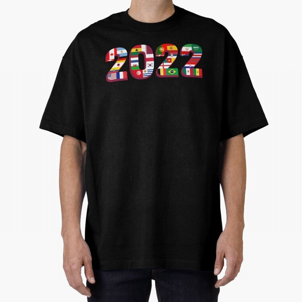 Flags of the 32 Teams that Played in Qatar in 2022 for Football Fans Oversized T-Shirt Bring a Vintage Feel to Global Football Passion for FIFA World Cup 2026, Centered on Messi, CR7 and Mbappe, Netherlands, Soccer Culture, Superstar Moments,