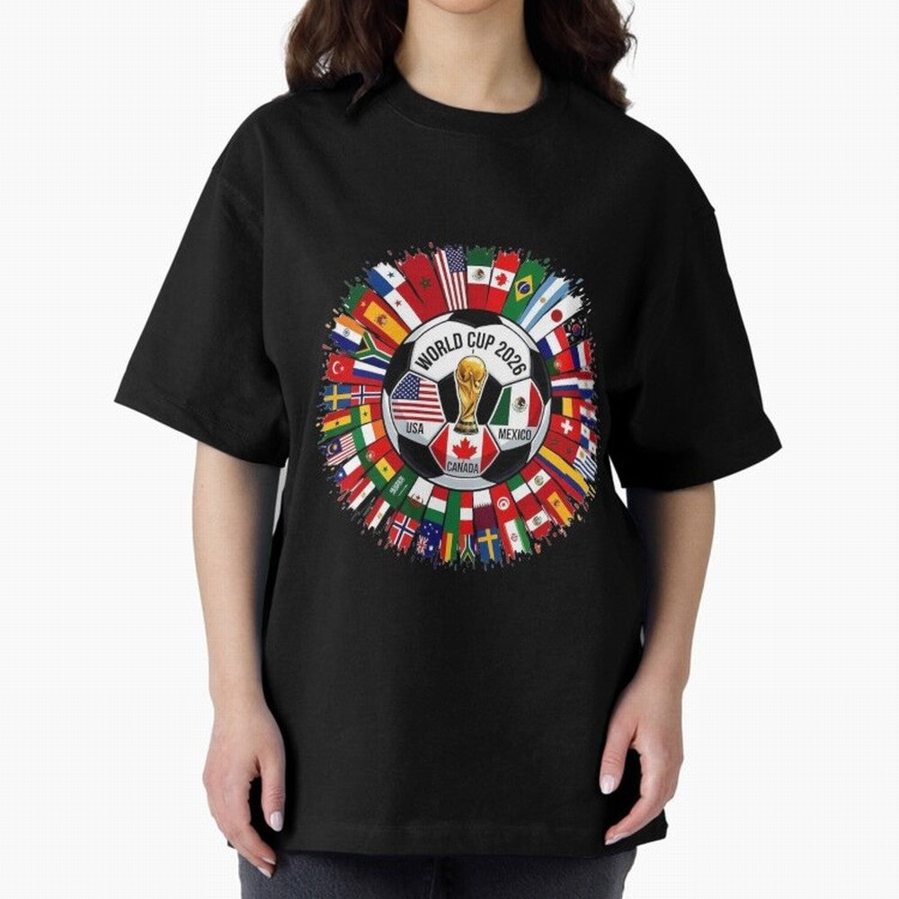 USA Canada Mexico 2026 Football Celebration Fan Art Oversized T-Shirt Feel the Roar of FIFA World Cup 2026 with Messi, Neymar and Mbappe, Argentina, France and Brazil Energy, Championship Spirit, Famous Goals, Roaring Crowds and International