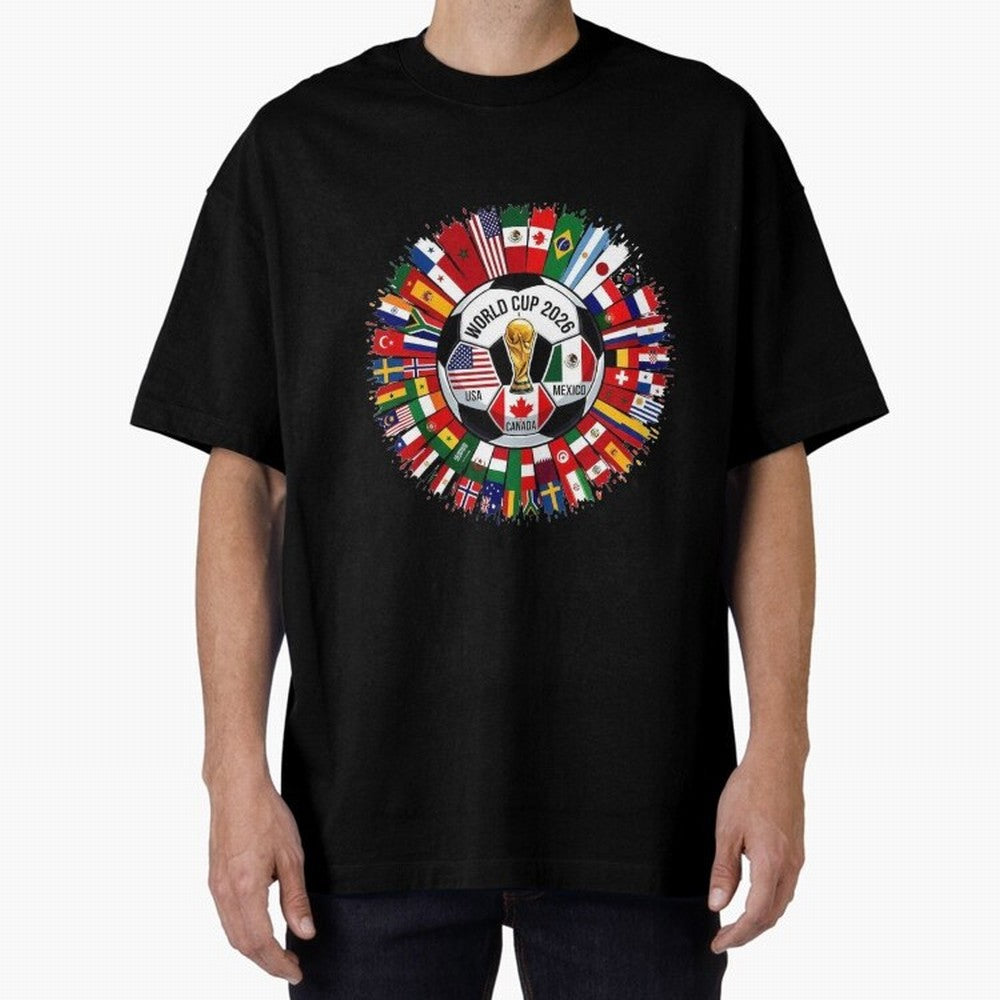 USA Canada Mexico 2026 Football Celebration Fan Art Oversized T-Shirt Feel the Roar of FIFA World Cup 2026 with Messi, Neymar and Mbappe, Argentina, France and Brazil Energy, Championship Spirit, Famous Goals, Roaring Crowds and International