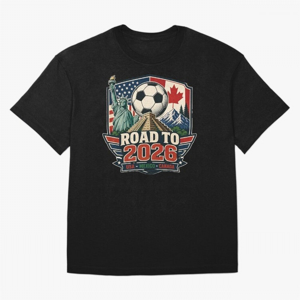 Road to 2026 USA Mexico Canada Soccer Design Oversized T-Shirt Cheer for FIFA World Cup 2026 Spirit, Centered on England, Neymar, Stadium Chants, National Pride, Trophy Dreams and Unforgettable Football Memories; Perfect for Supporters Who Want