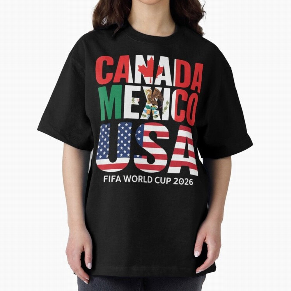 Canada Mexico USA 2026 World Cup Host Nations Oversized T-Shirt Celebrate Unforgettable Nights in Global Football Passion for FIFA World Cup 2026 USA Canada Mexico, Centered on Messi and Cristiano Ronaldo, Argentina, Vintage Soccer Flavor, Modern