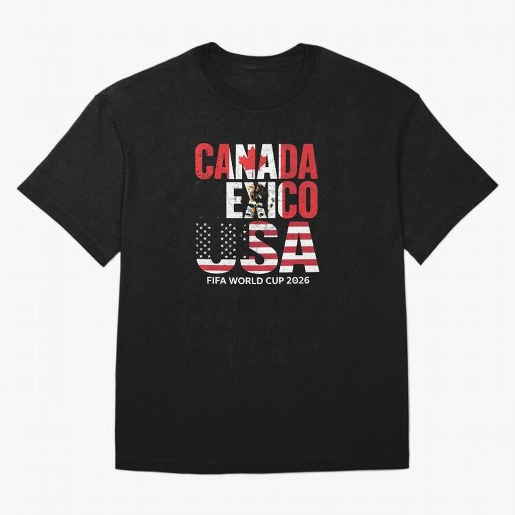 United 2026 World Cup - Canada, Mexico, USA Flags T-Shirt_83138002 Oversized T-Shirt Create FIFA World Cup 2026 for Fans of Neymar and Germany, Bringing Vintage Soccer Flavor, Modern Football Stars, National Flags and Final Night Emotion; Ideal for