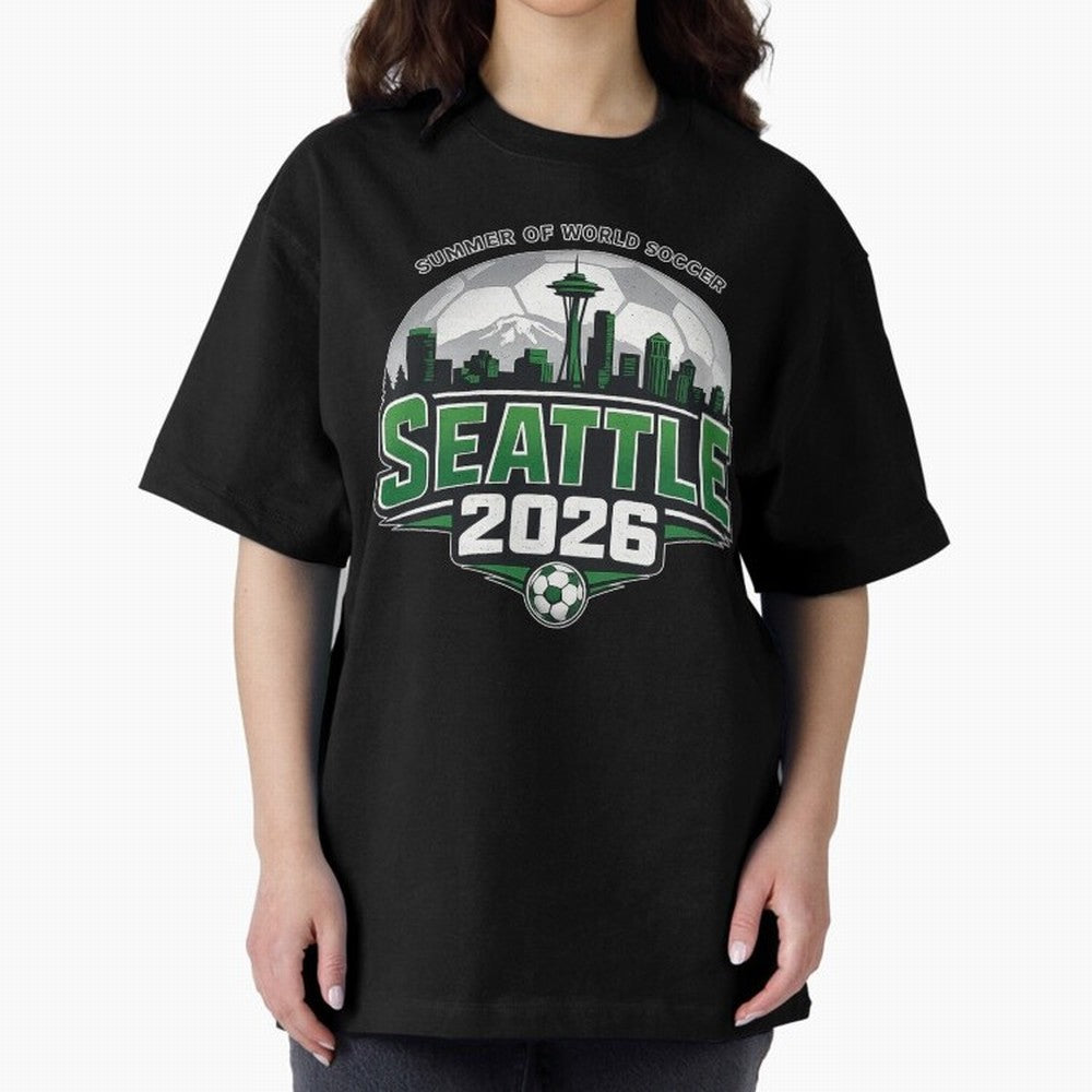 World Soccer Tournament Cup 2026 Seattle Oversized T-Shirt Support the FIFA World Cup 2026 Journey through Messi and Cristiano Ronaldo Highlights, Argentina, France and Brazil Pride, Vintage Soccer Flavor, Modern Football Stars, National Flags and